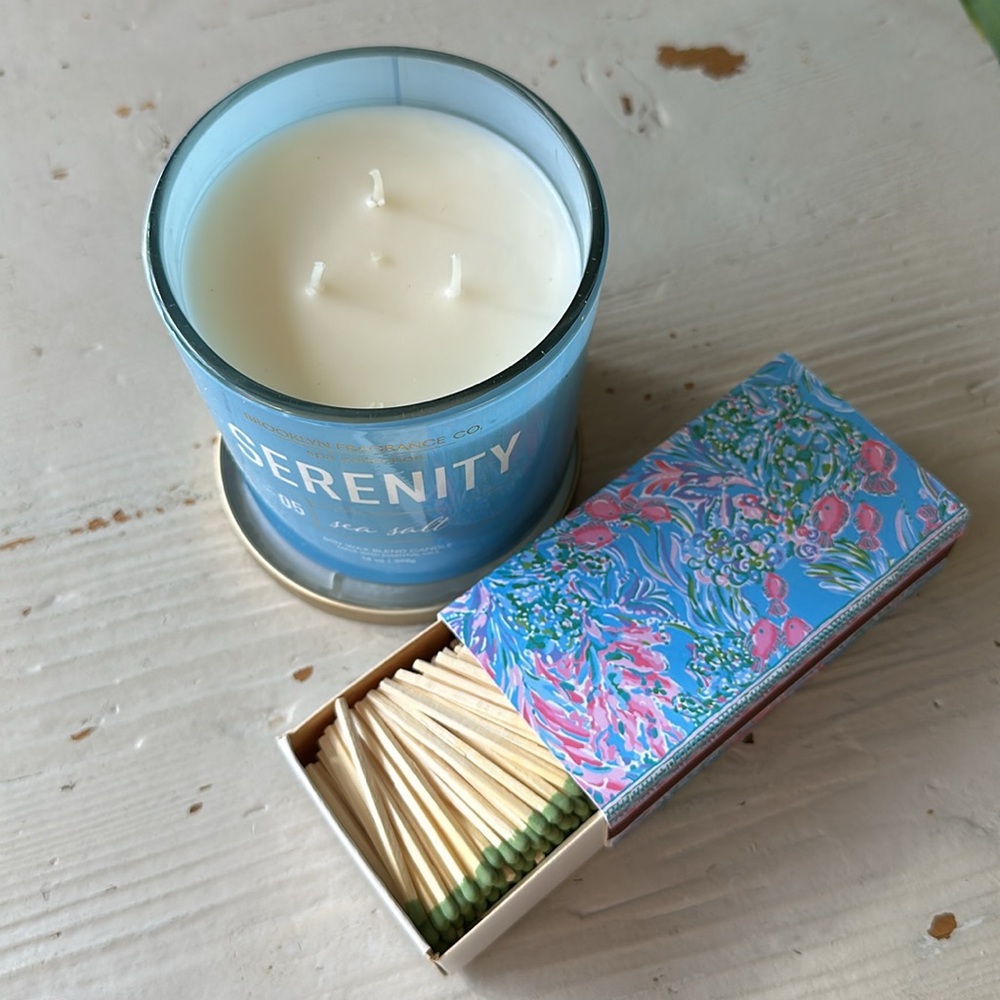 Lilly Pulitzer matches with color coordinated candle